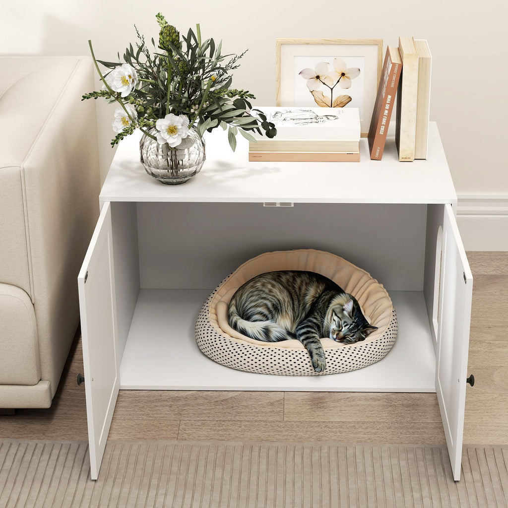 Cat Litter Box Enclosure with Barn Door, Cat Hole, 31.5" x 21" x 20", White