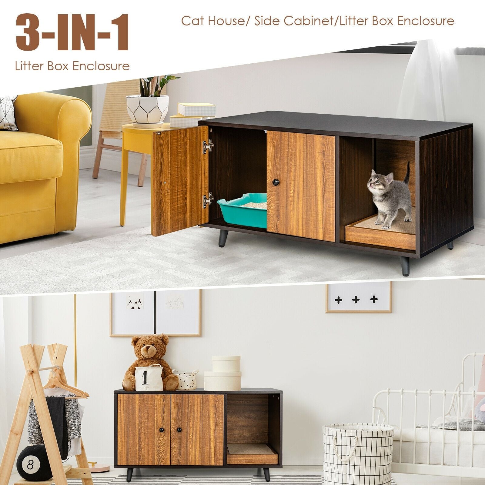 Cat Litter Box Enclosure with Divider and Double Doors – Multifunctional Furniture