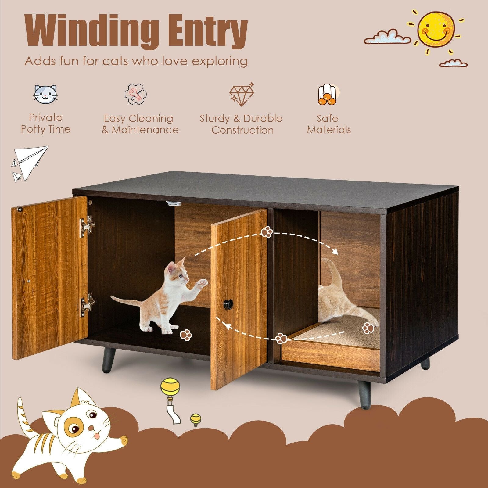 Cat Litter Box Enclosure with Divider and Double Doors – Multifunctional Furniture