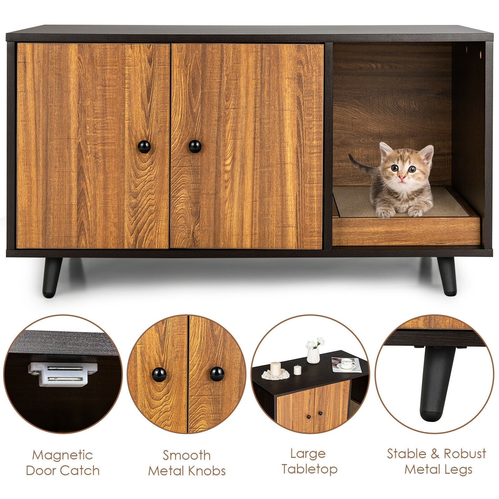 Cat Litter Box Enclosure with Divider and Double Doors – Multifunctional Furniture