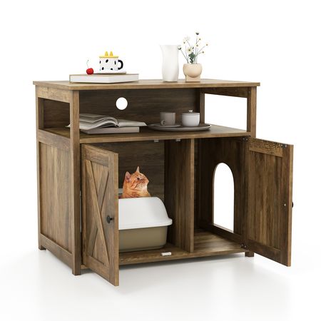 Cat Litter Box Enclosure with Barn Doors, Divider, and Storage Shelf