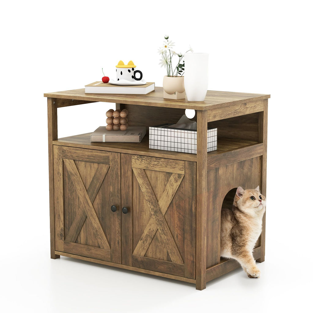 Cat Litter Box Enclosure with Barn Doors, Divider, and Storage Shelf