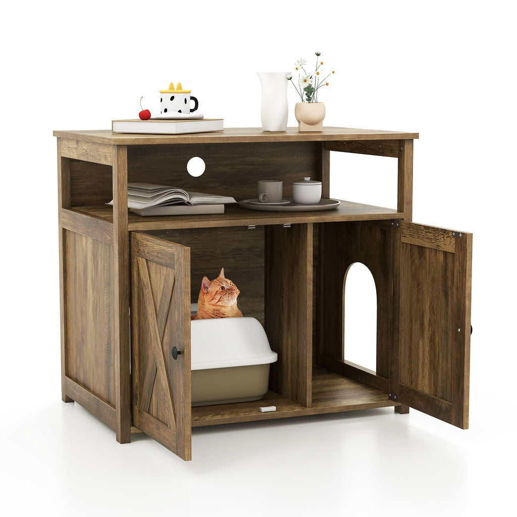 Cat Litter Box Enclosure with Barn Doors, Divider, and Storage Shelf