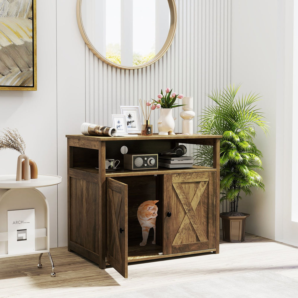 Cat Litter Box Enclosure with Barn Doors, Divider, and Storage Shelf