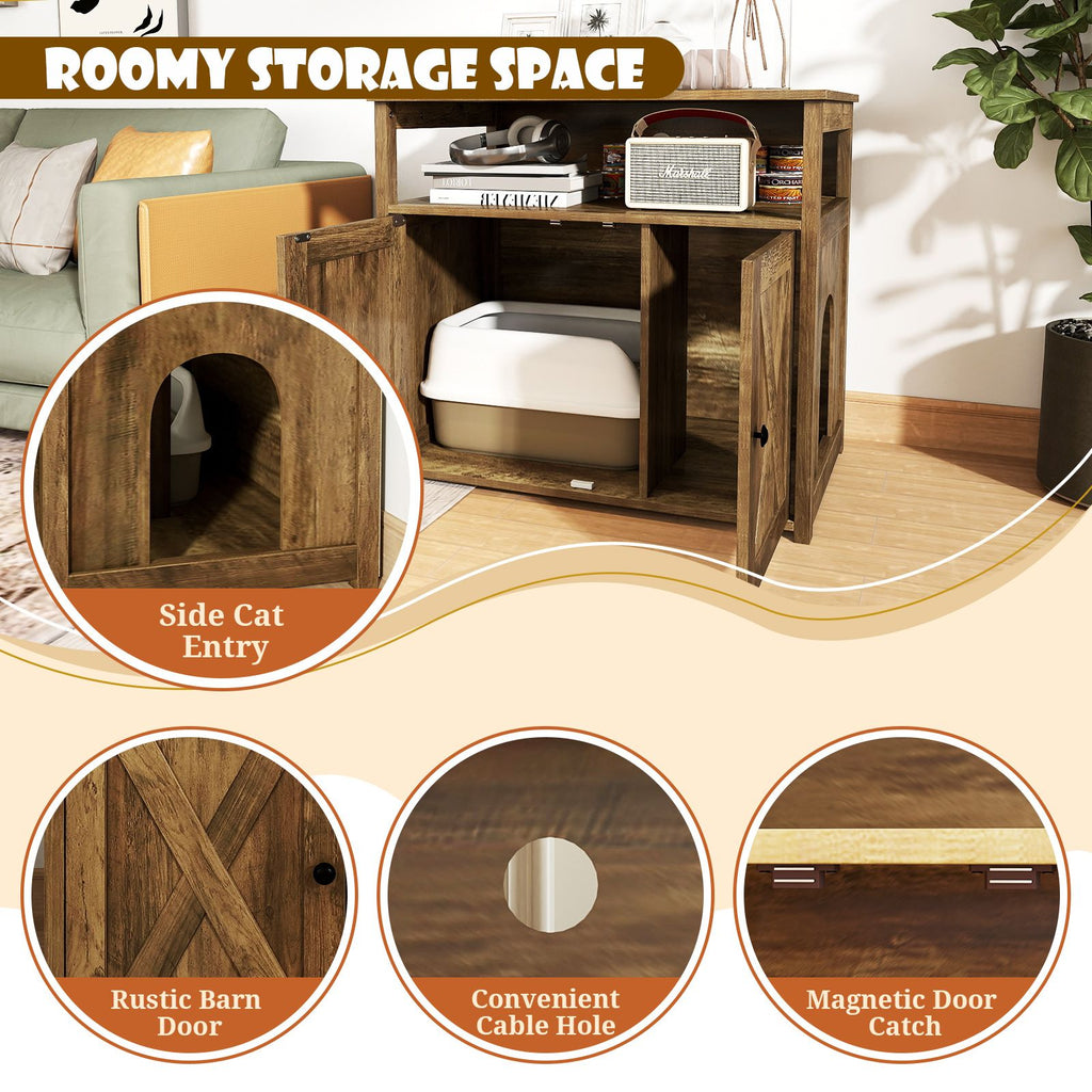 Cat Litter Box Enclosure with Barn Doors, Divider, and Storage Shelf