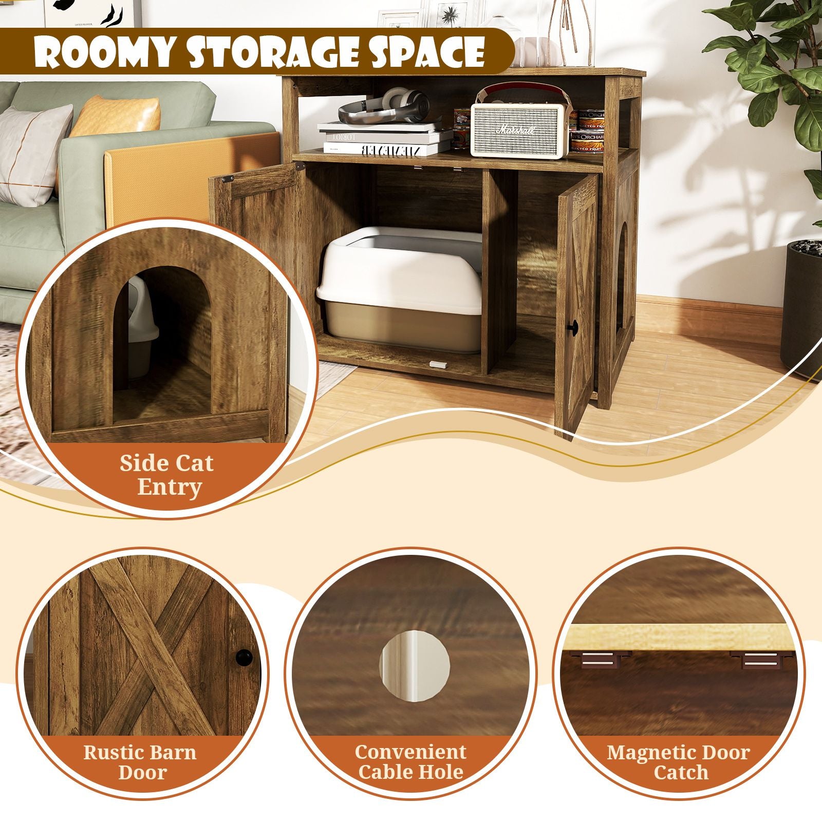 Cat Litter Box Enclosure with Barn Doors, Divider, and Storage Shelf