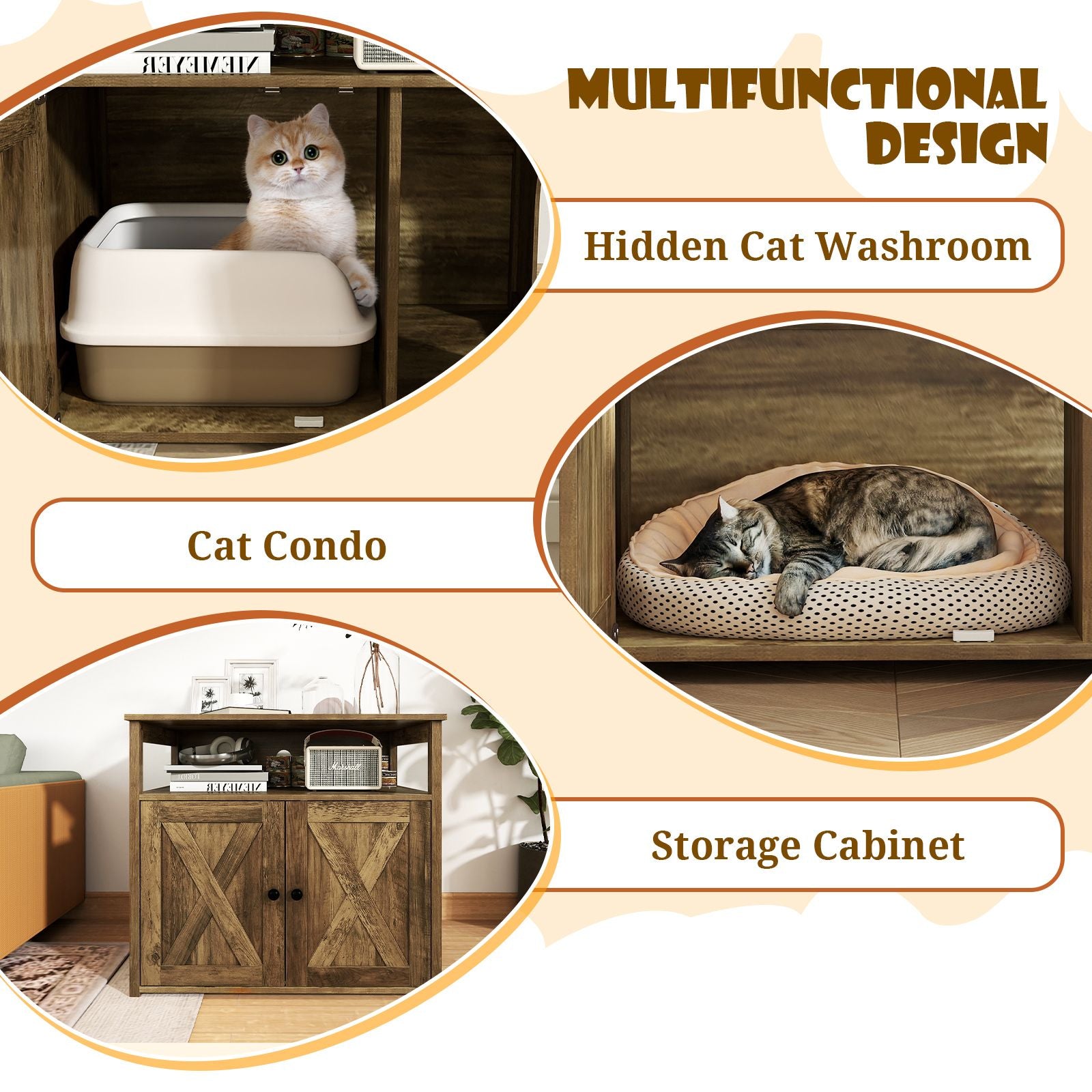 Cat Litter Box Enclosure with Barn Doors, Divider, and Storage Shelf