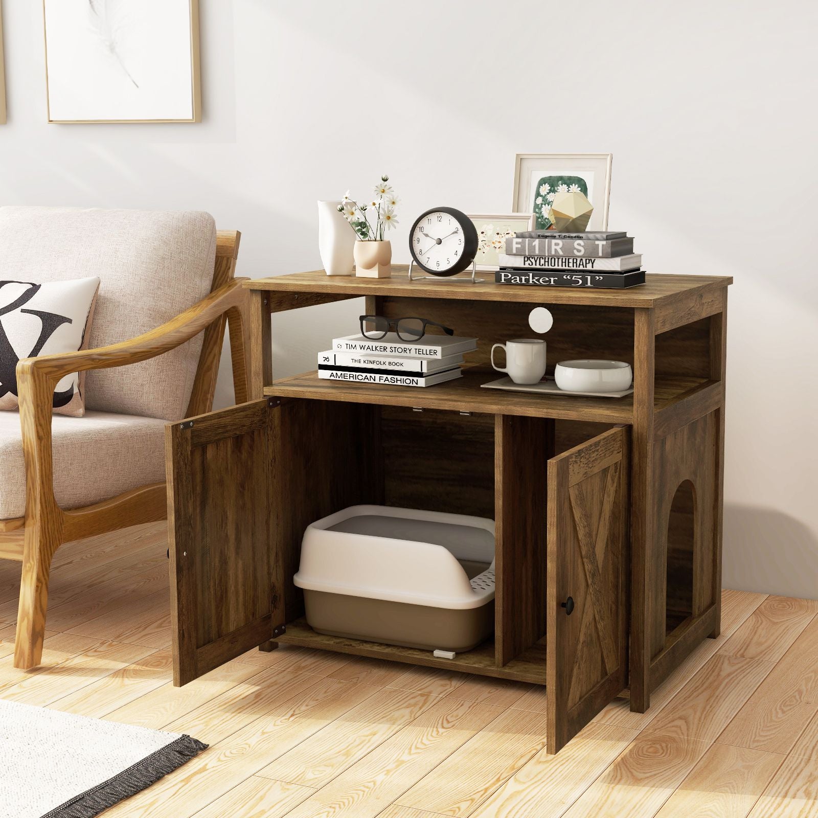 Cat Litter Box Enclosure with Barn Doors, Divider, and Storage Shelf