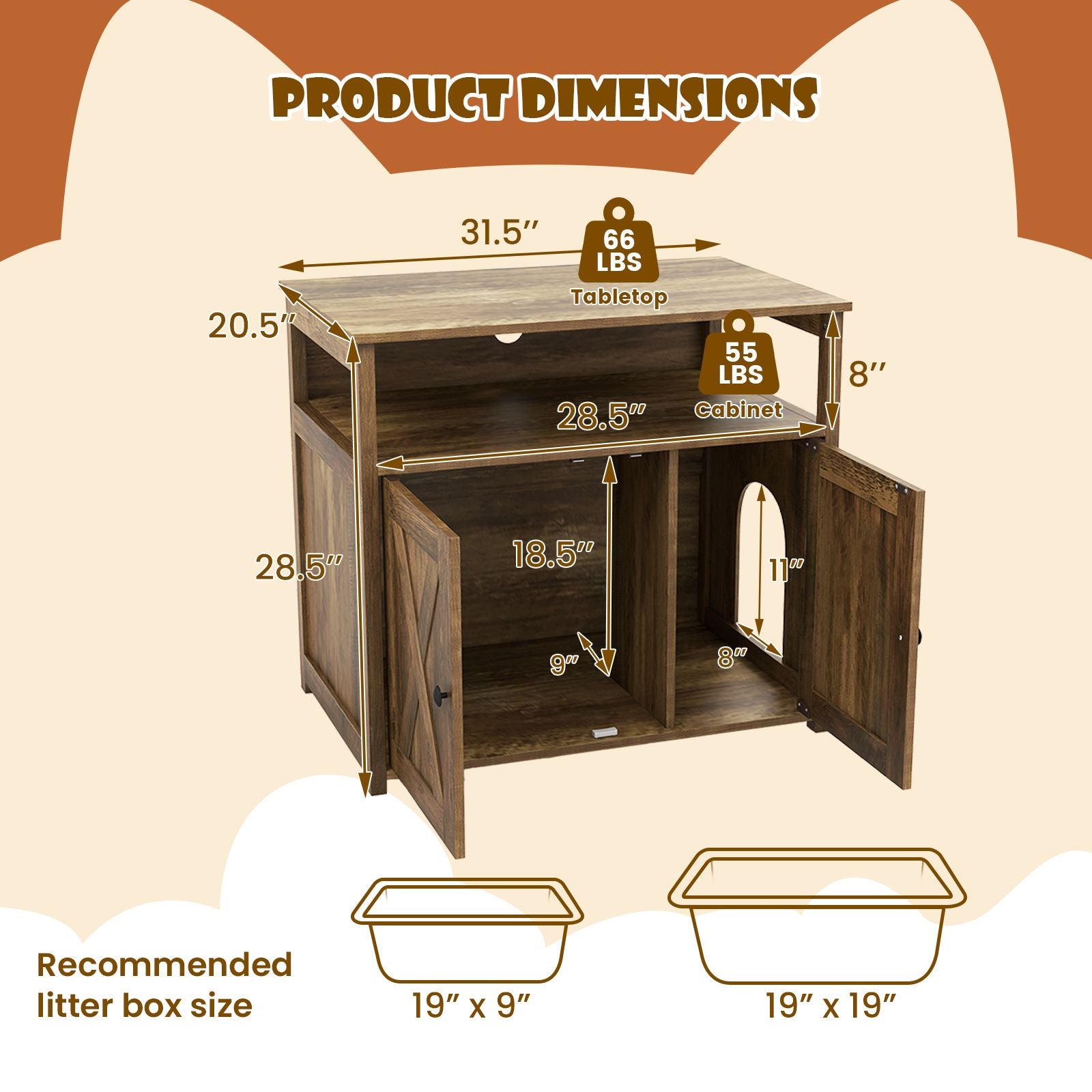 Cat Litter Box Enclosure with Barn Doors, Divider, and Storage Shelf