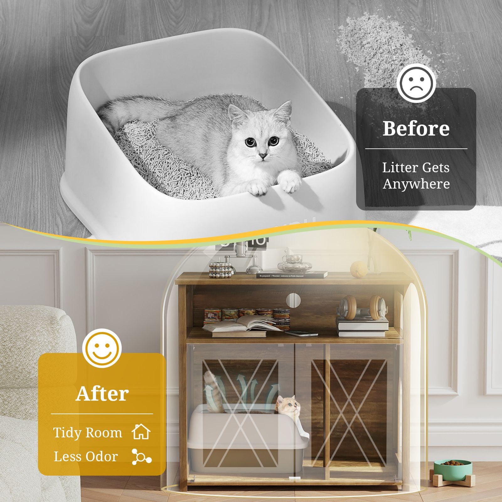 Cat Litter Box Enclosure with Barn Doors, Divider, and Storage Shelf