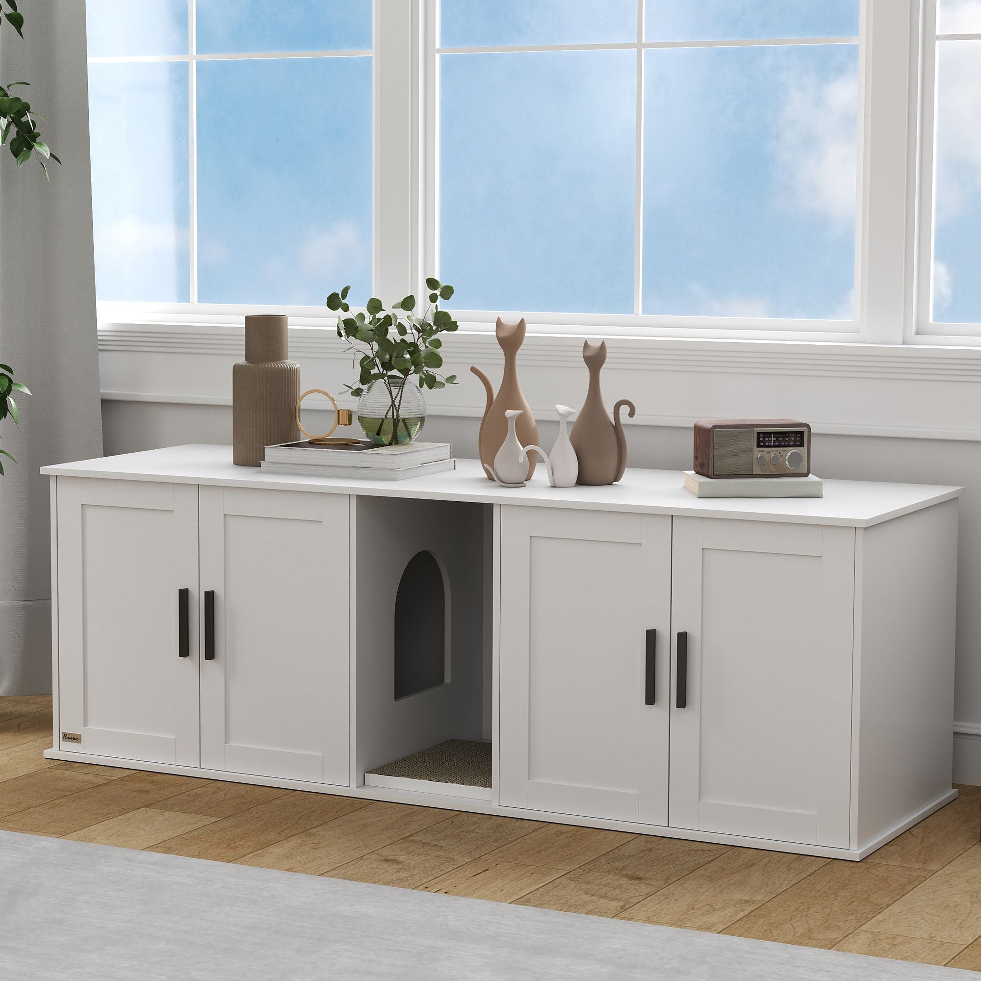 Cat Litter Box Enclosure with Double Room, Scratching Mat for 2 Cats, 57" x 19" x 20", White