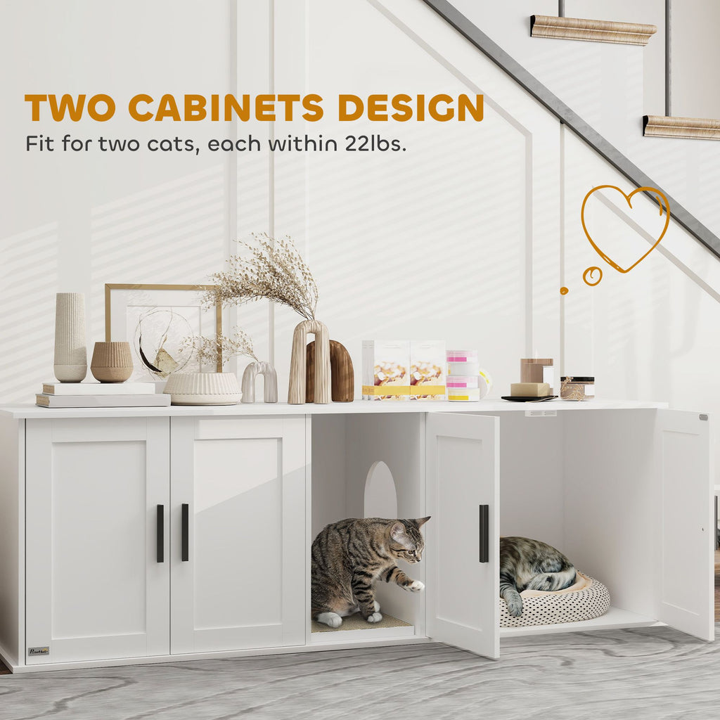 Cat Litter Box Enclosure with Double Room, Scratching Mat for 2 Cats, 57" x 19" x 20", White