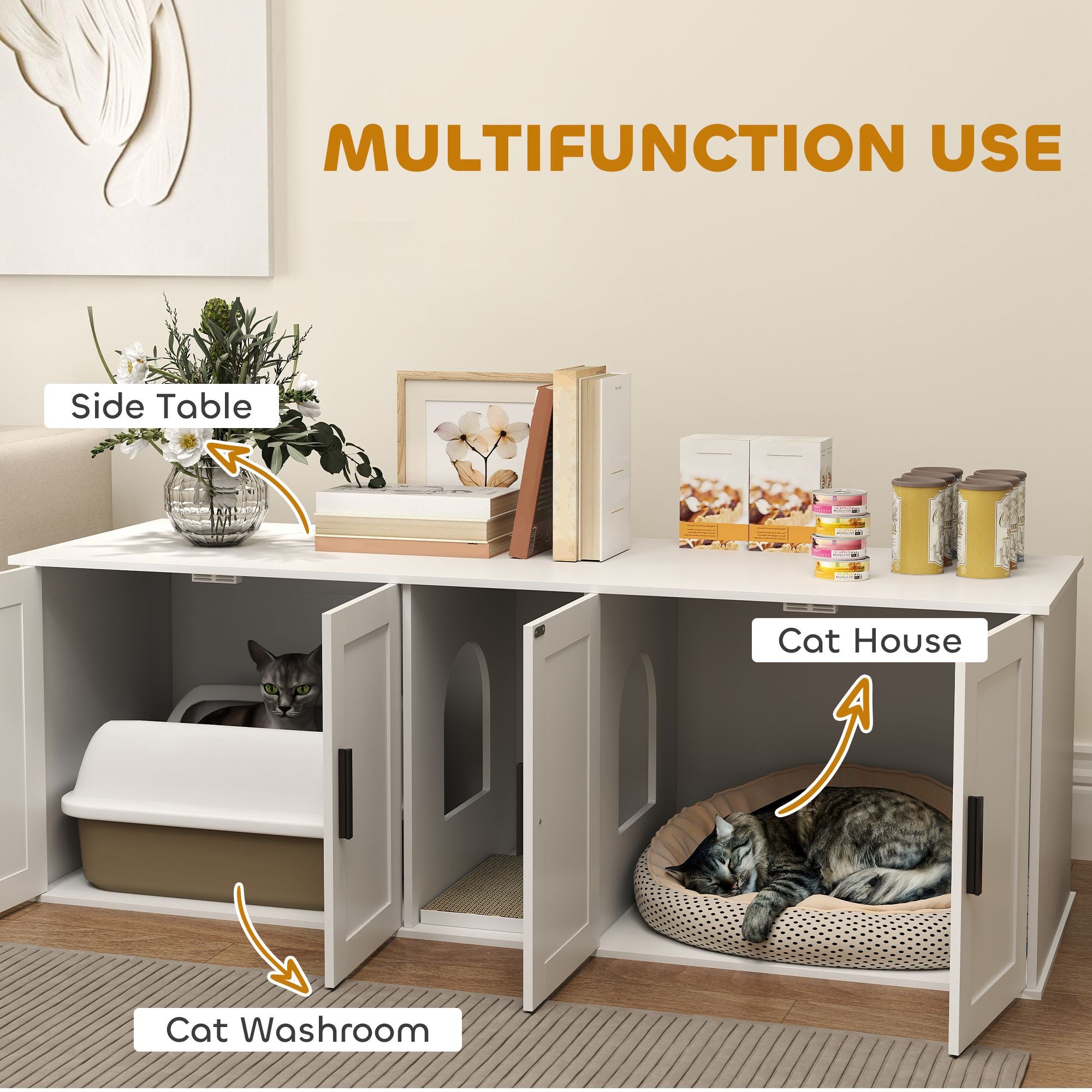 Cat Litter Box Enclosure with Double Room, Scratching Mat for 2 Cats, 57" x 19" x 20", White