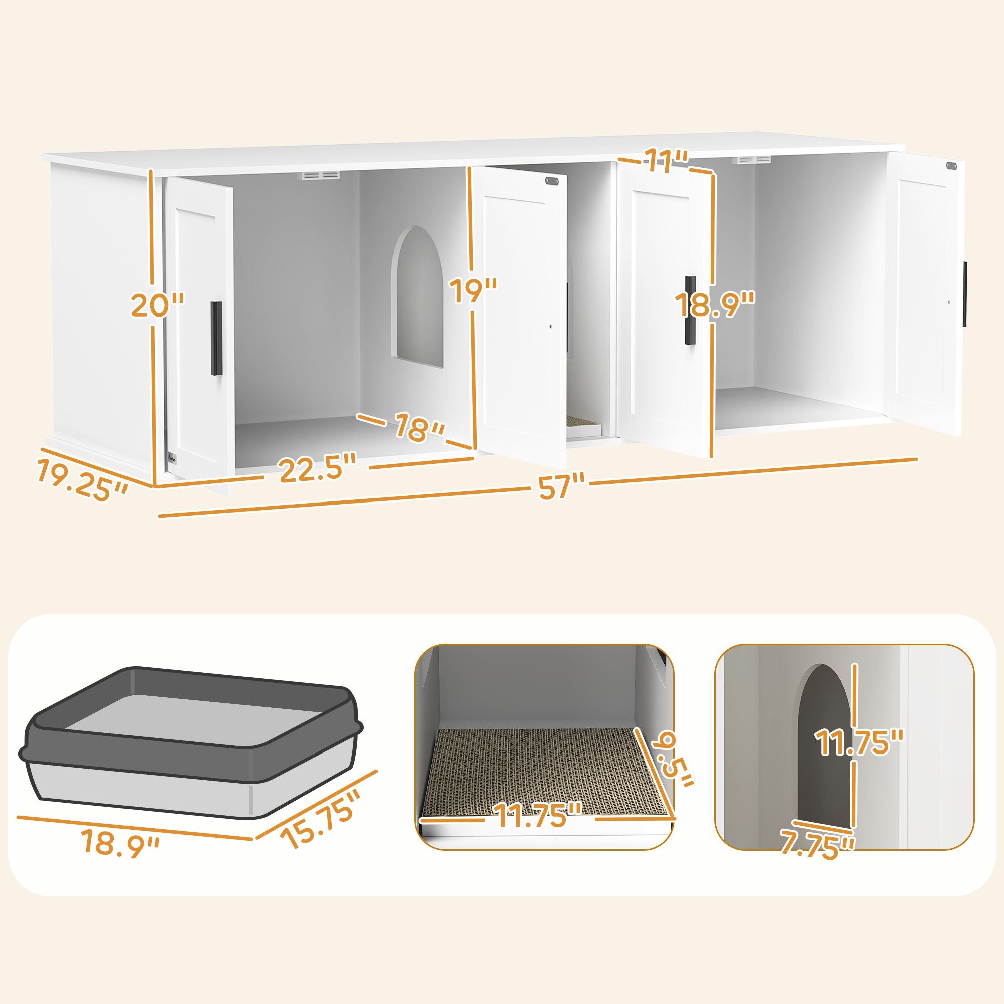 Cat Litter Box Enclosure with Double Room, Scratching Mat for 2 Cats, 57" x 19" x 20", White