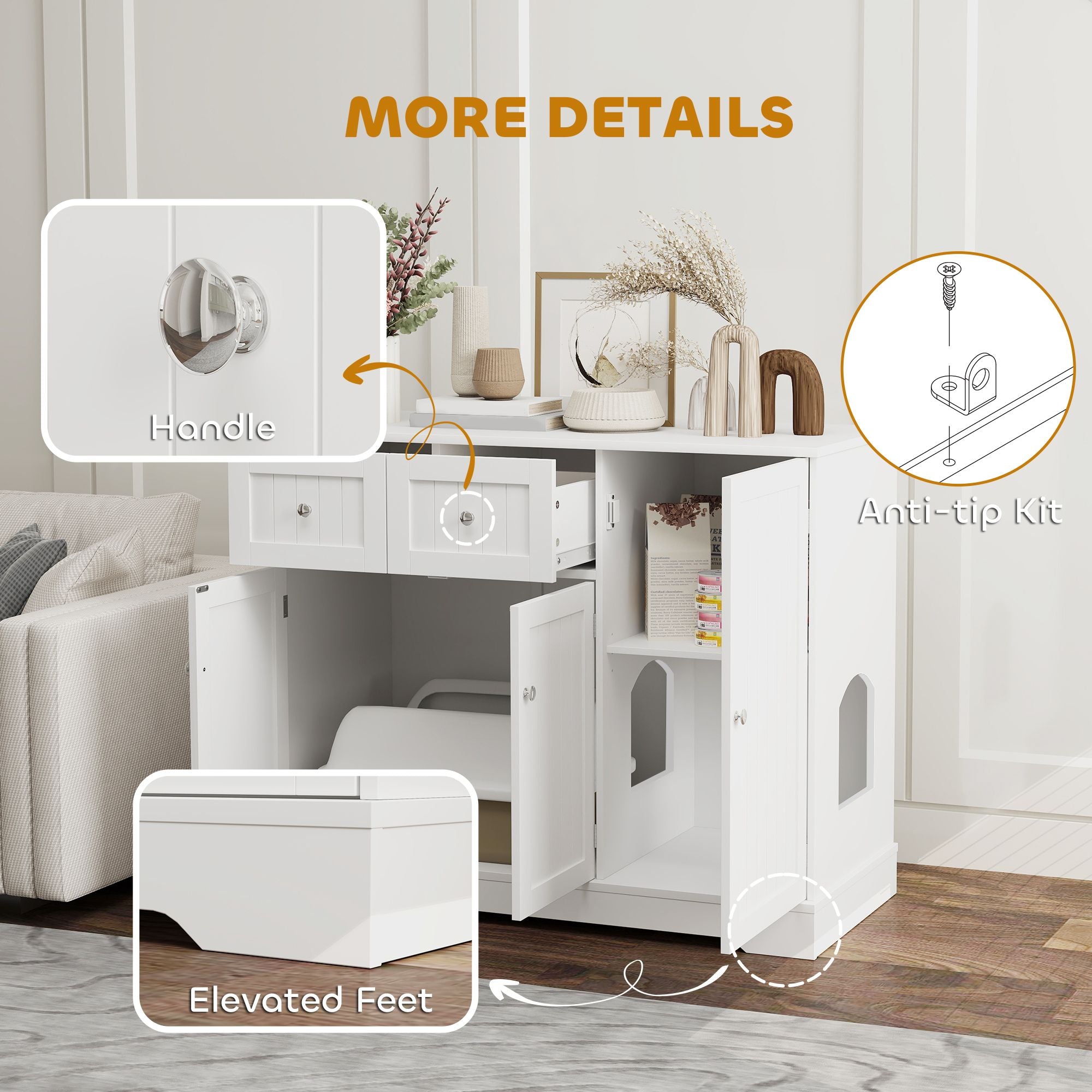 Cat Litter Box Enclosure with Drawers, Storage, Anti-tip Kit, 39" x 18" x 31.5", White
