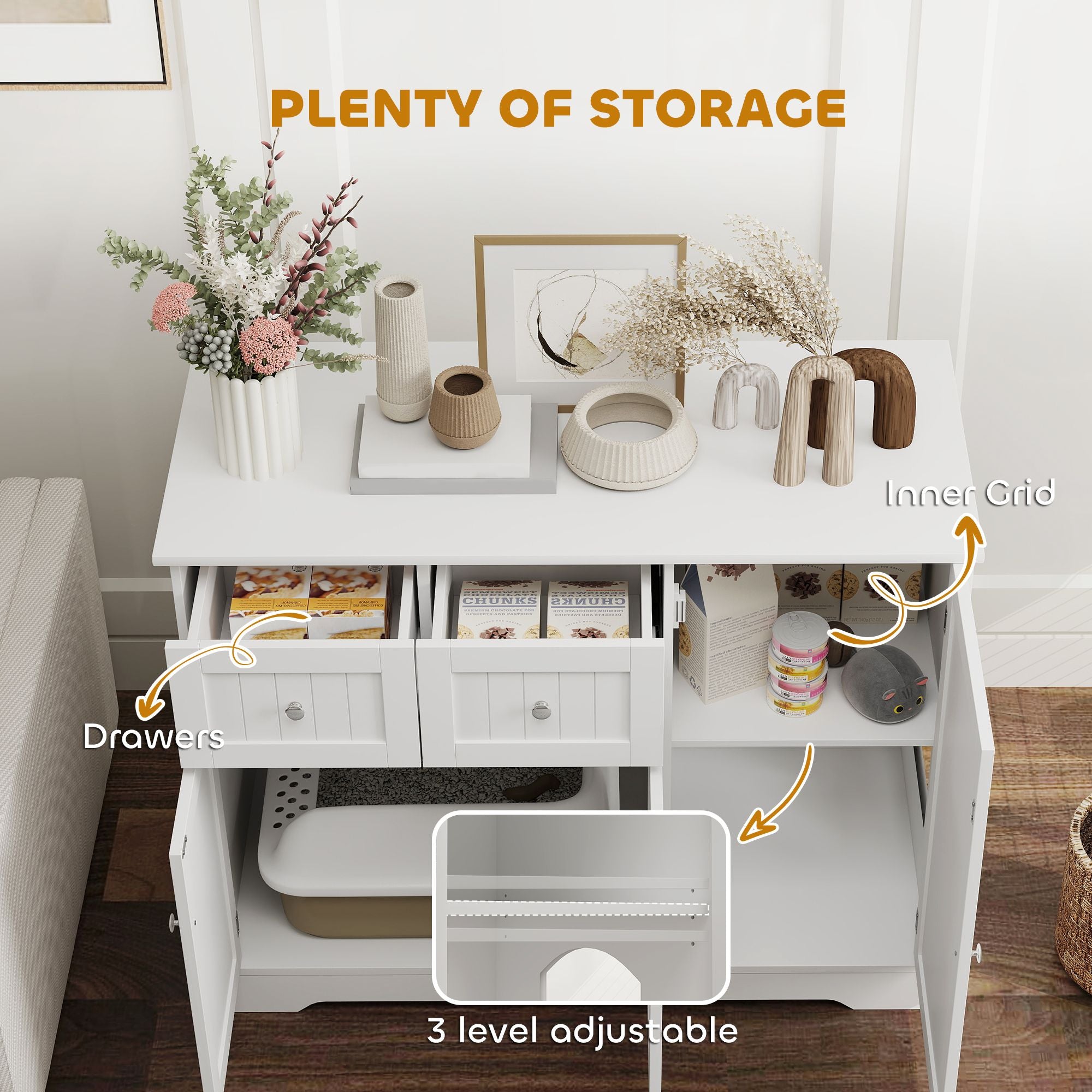 Cat Litter Box Enclosure with Drawers, Storage, Anti-tip Kit, 39" x 18" x 31.5", White