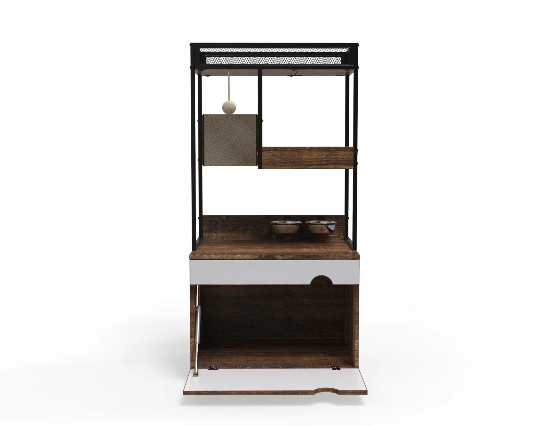 Furniture-Style Cat Litter Box Enclosure with Tree Tower and Scratching Pads