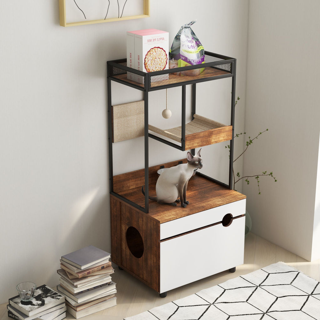 Furniture-Style Cat Litter Box Enclosure with Tree Tower and Scratching Pads