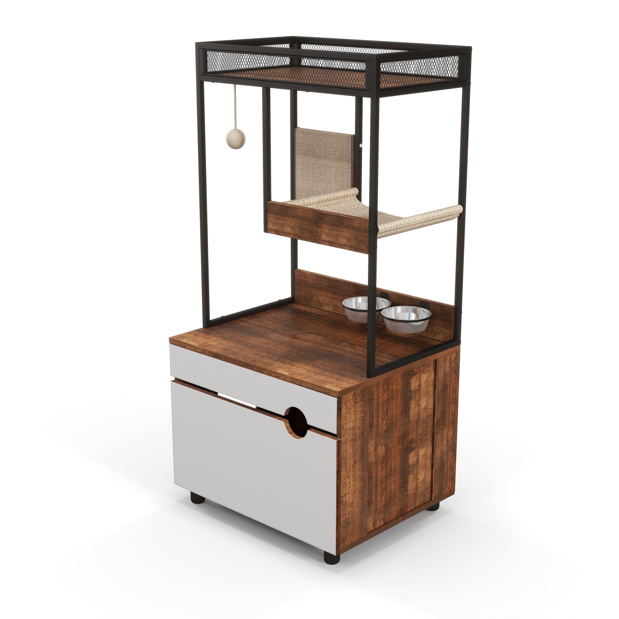Furniture-Style Cat Litter Box Enclosure with Tree Tower and Scratching Pads