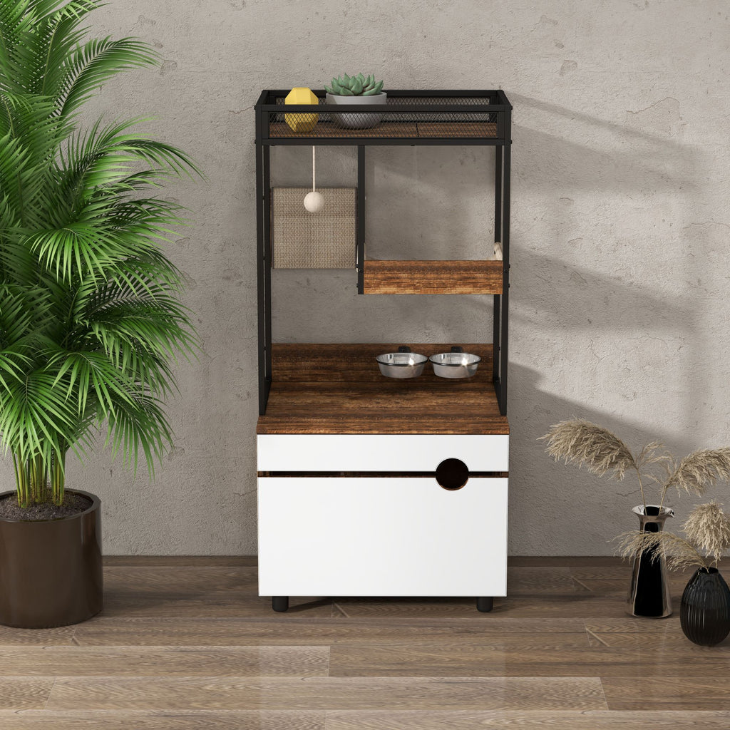 Furniture-Style Cat Litter Box Enclosure with Tree Tower and Scratching Pads