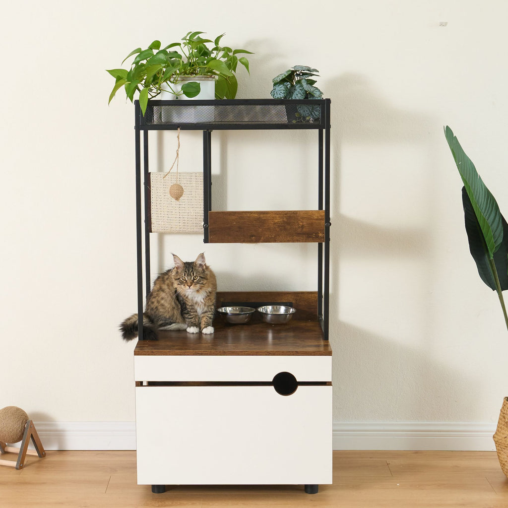 Furniture-Style Cat Litter Box Enclosure with Tree Tower and Scratching Pads