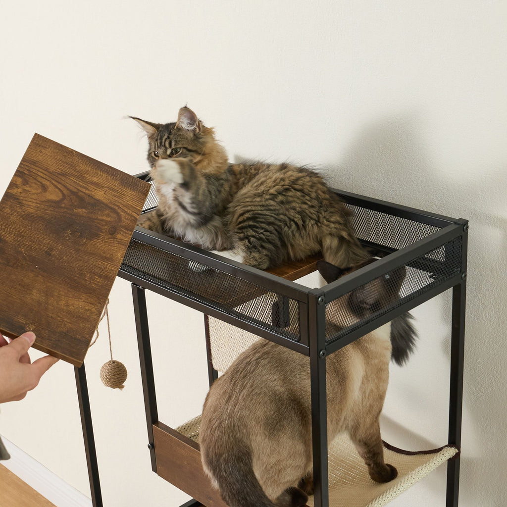 Furniture-Style Cat Litter Box Enclosure with Tree Tower and Scratching Pads