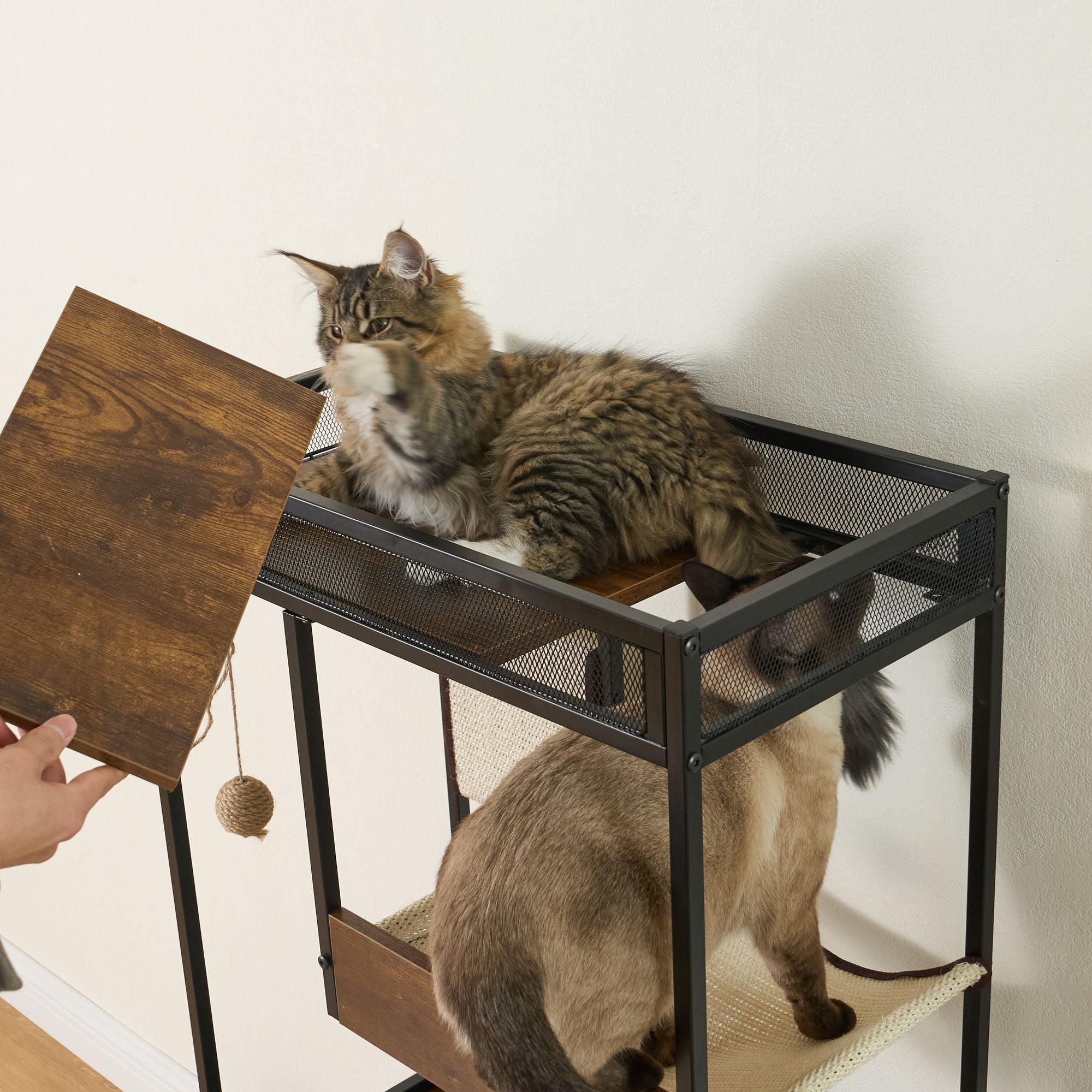Furniture-Style Cat Litter Box Enclosure with Tree Tower and Scratching Pads