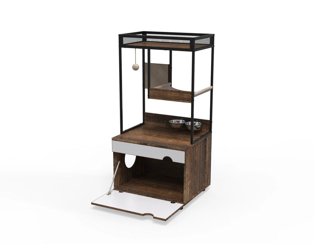 Furniture-Style Cat Litter Box Enclosure with Tree Tower and Scratching Pads