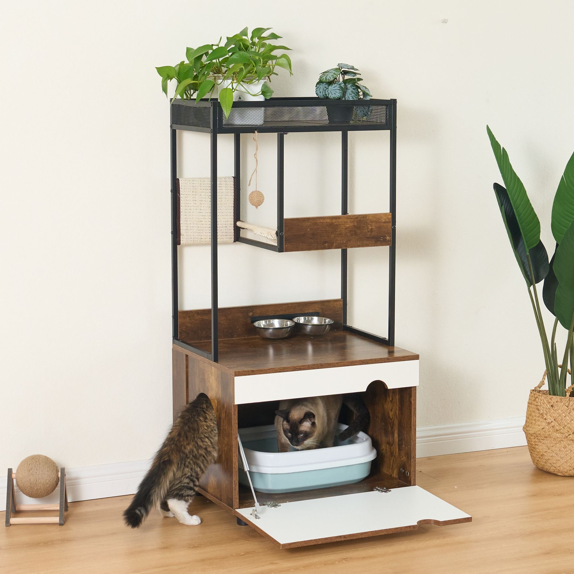 Furniture-Style Cat Litter Box Enclosure with Tree Tower and Scratching Pads