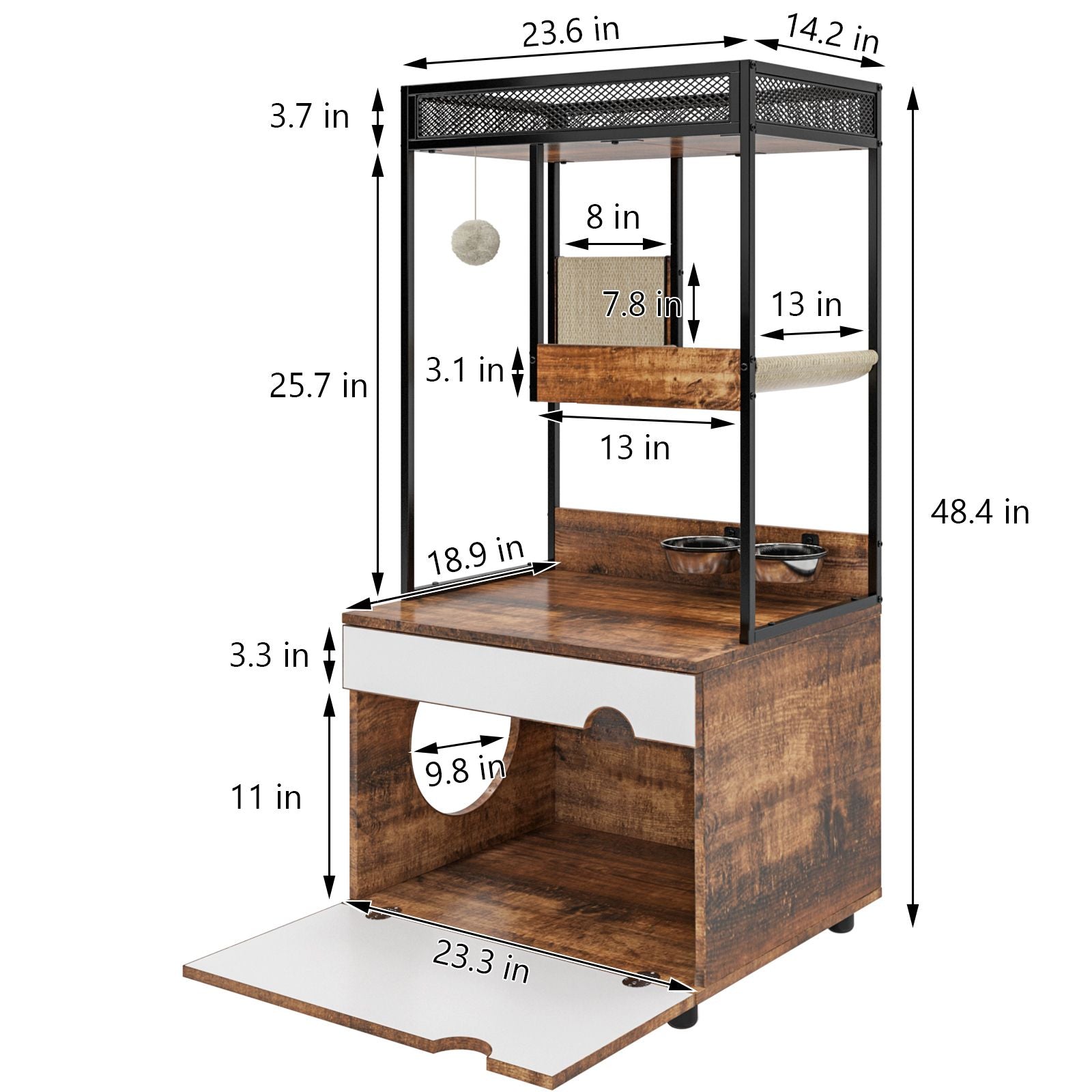 Furniture-Style Cat Litter Box Enclosure with Tree Tower and Scratching Pads