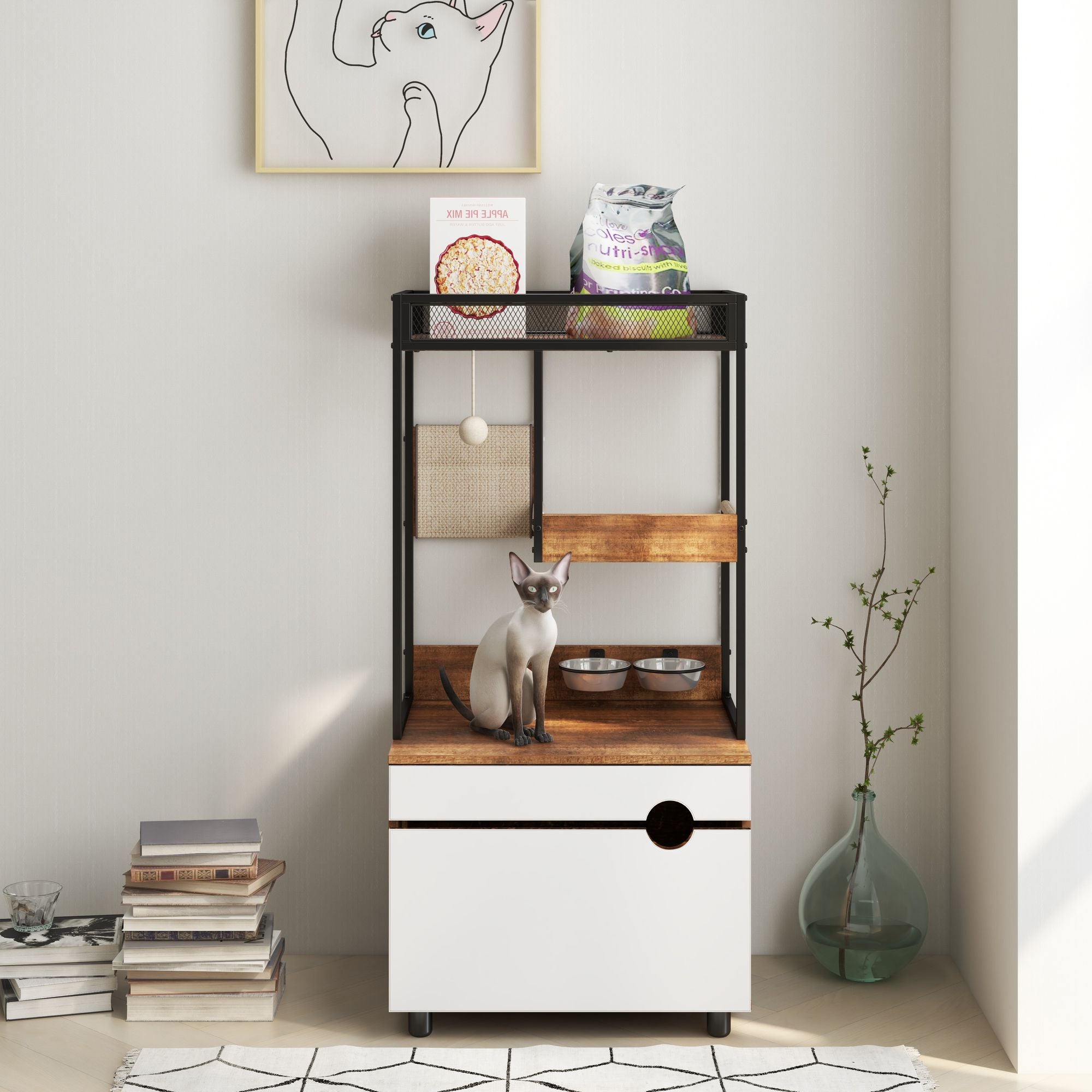 Furniture-Style Cat Litter Box Enclosure with Tree Tower and Scratching Pads