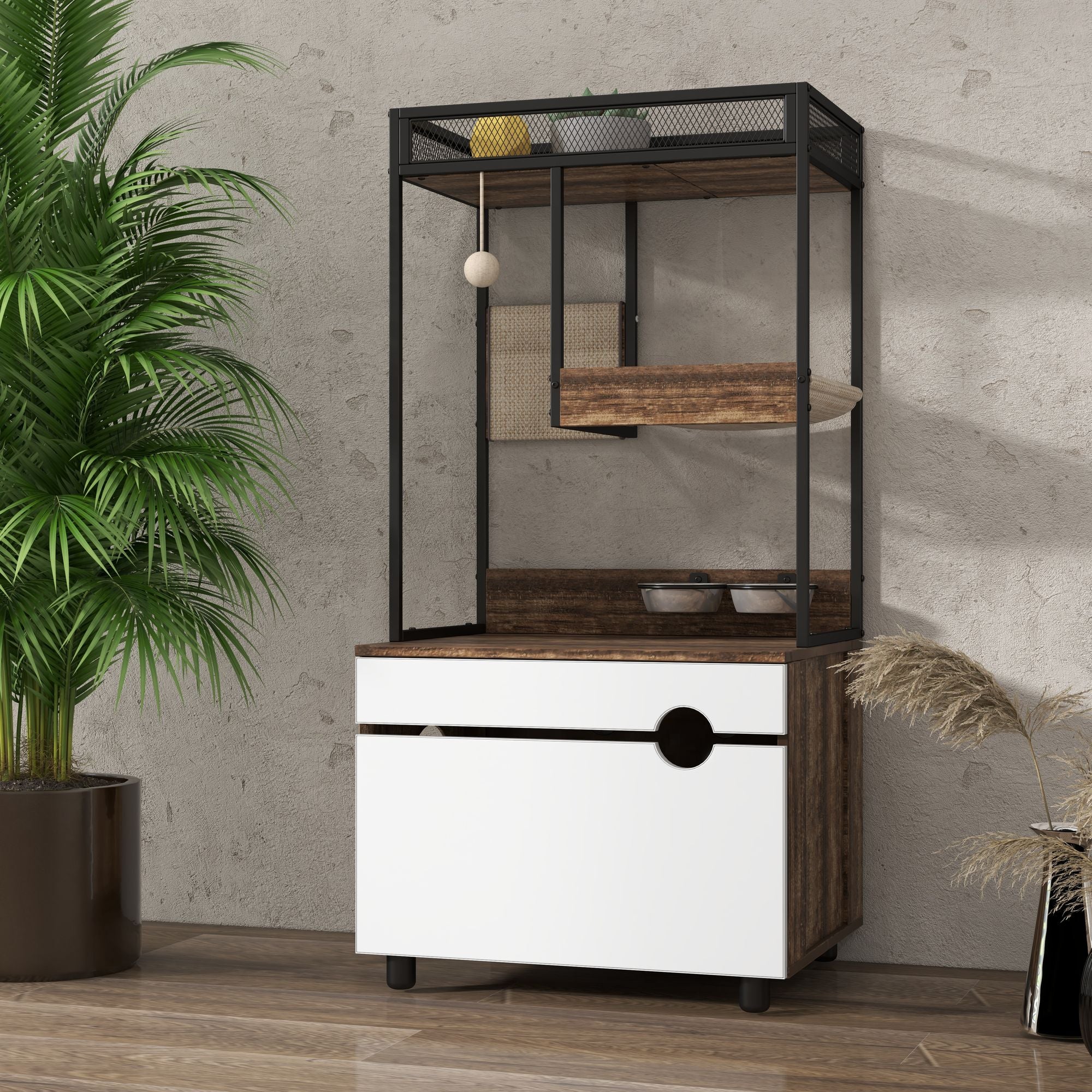 Furniture-Style Cat Litter Box Enclosure with Tree Tower and Scratching Pads
