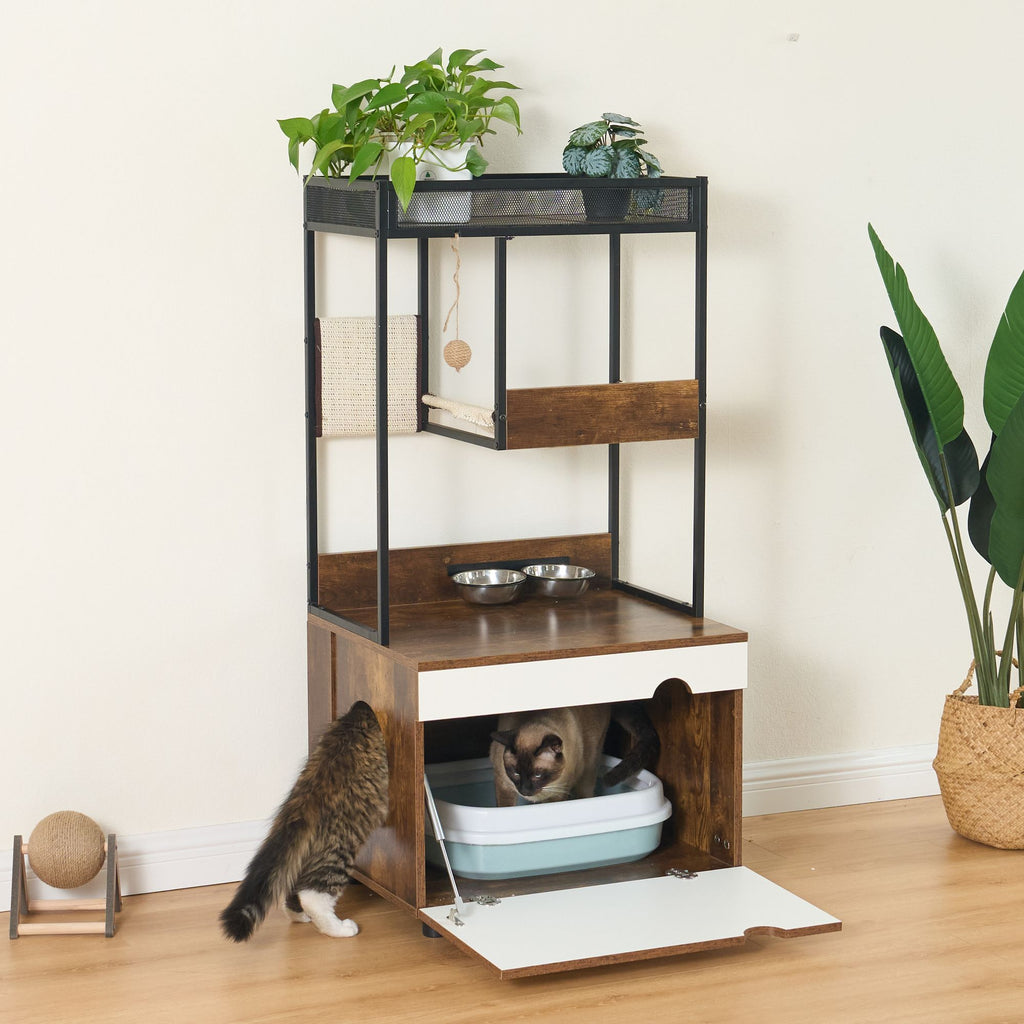 Furniture-Style Cat Litter Box Enclosure with Tree Tower and Scratching Pads
