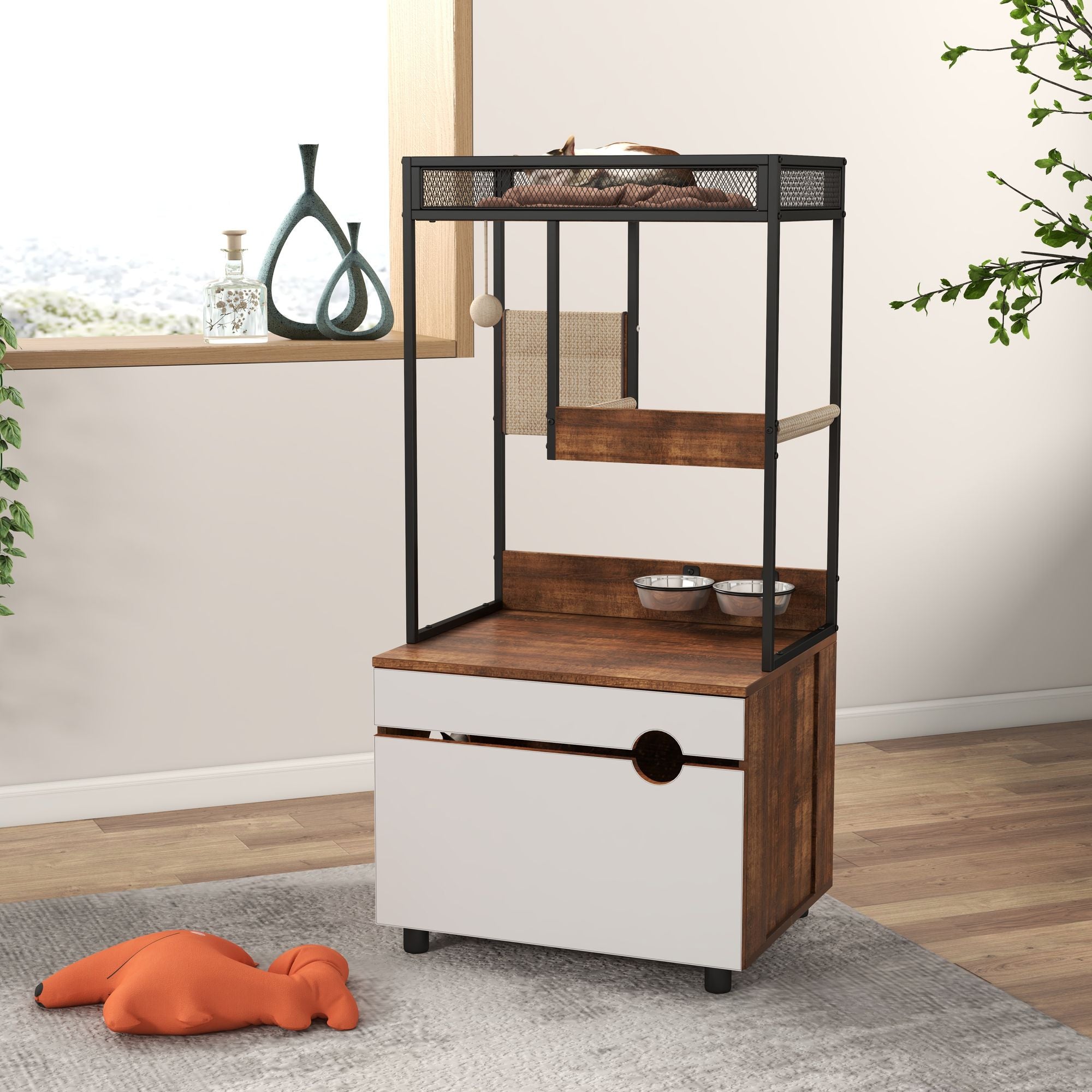 Furniture-Style Cat Litter Box Enclosure with Tree Tower and Scratching Pads