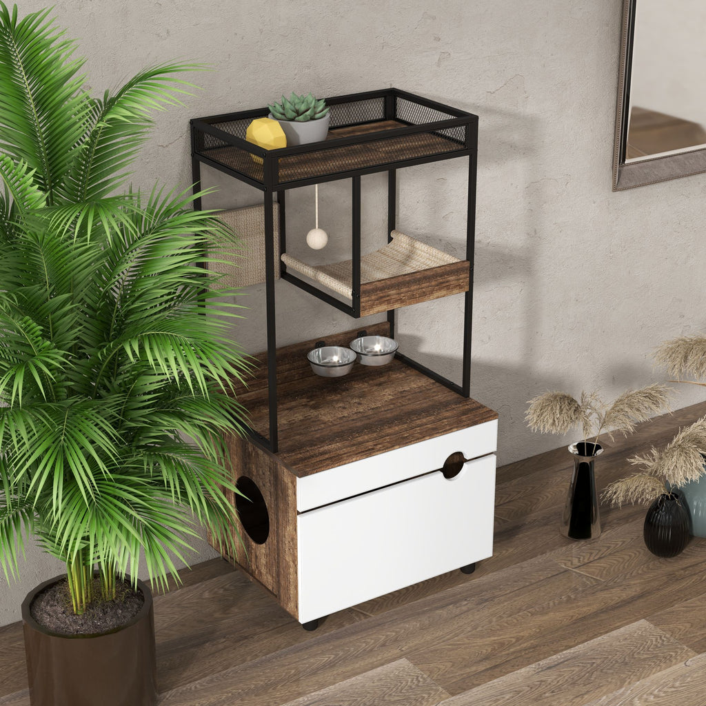 Furniture-Style Cat Litter Box Enclosure with Tree Tower and Scratching Pads