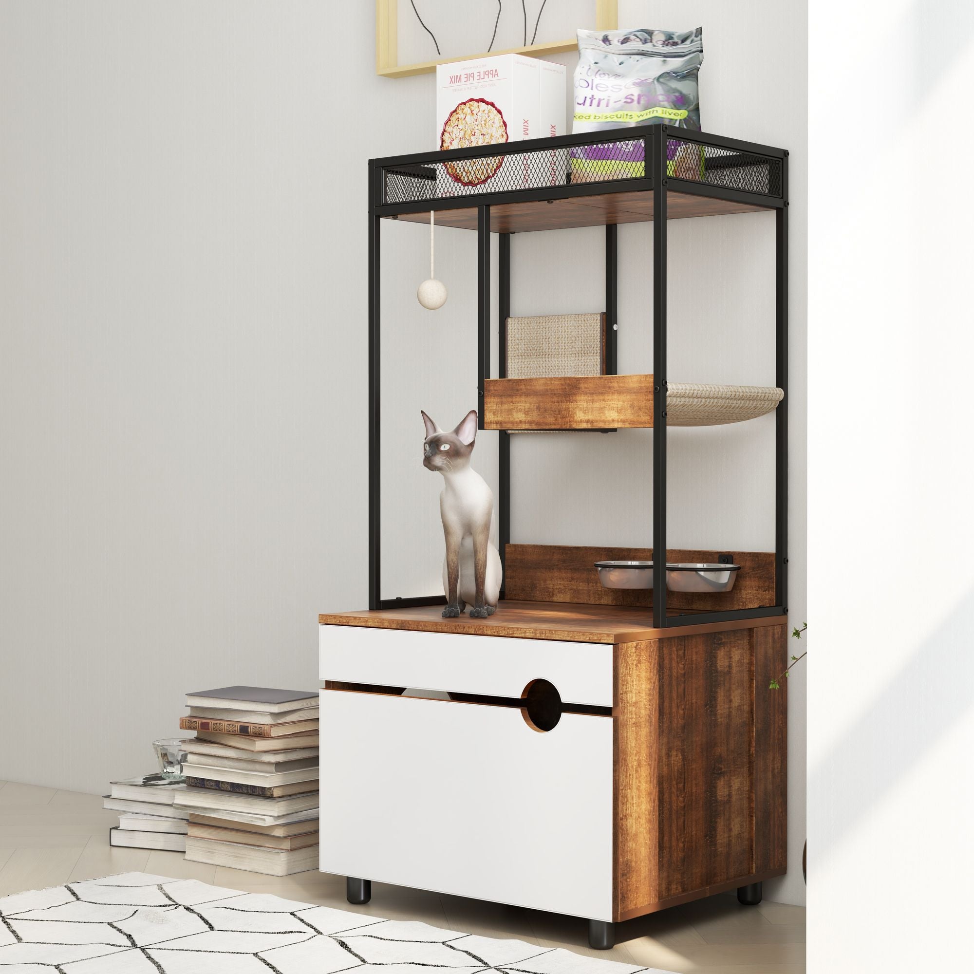 Furniture-Style Cat Litter Box Enclosure with Tree Tower and Scratching Pads