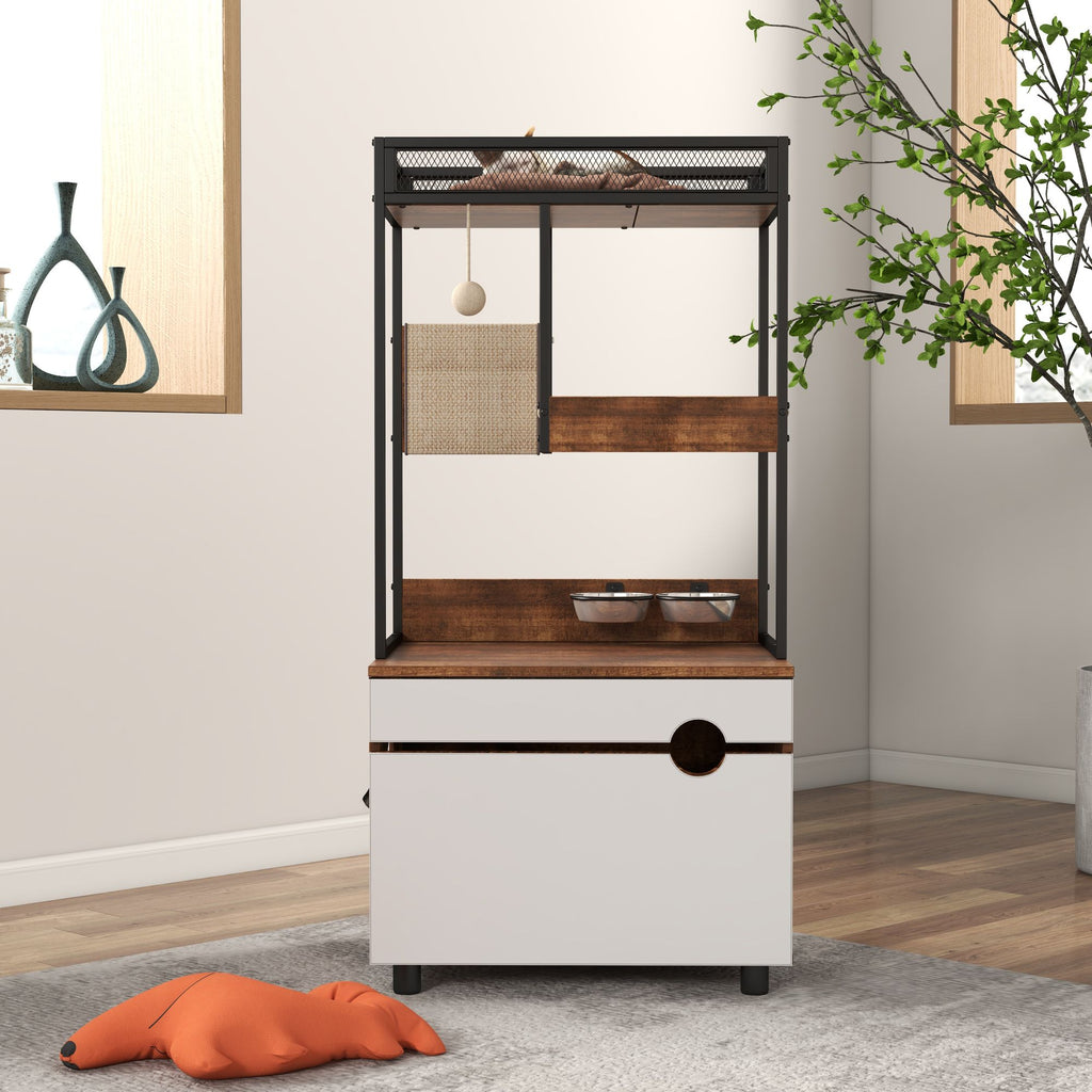 Furniture-Style Cat Litter Box Enclosure with Tree Tower and Scratching Pads
