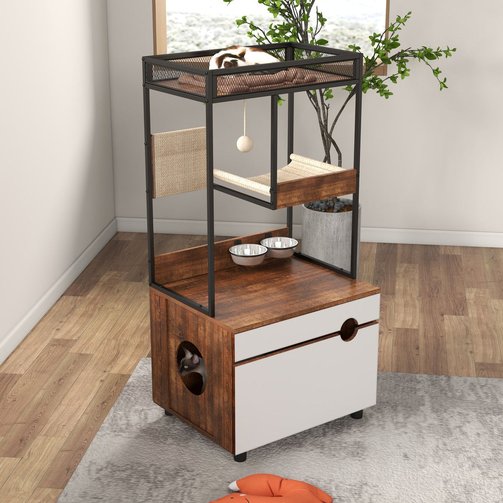 Furniture-Style Cat Litter Box Enclosure with Tree Tower and Scratching Pads