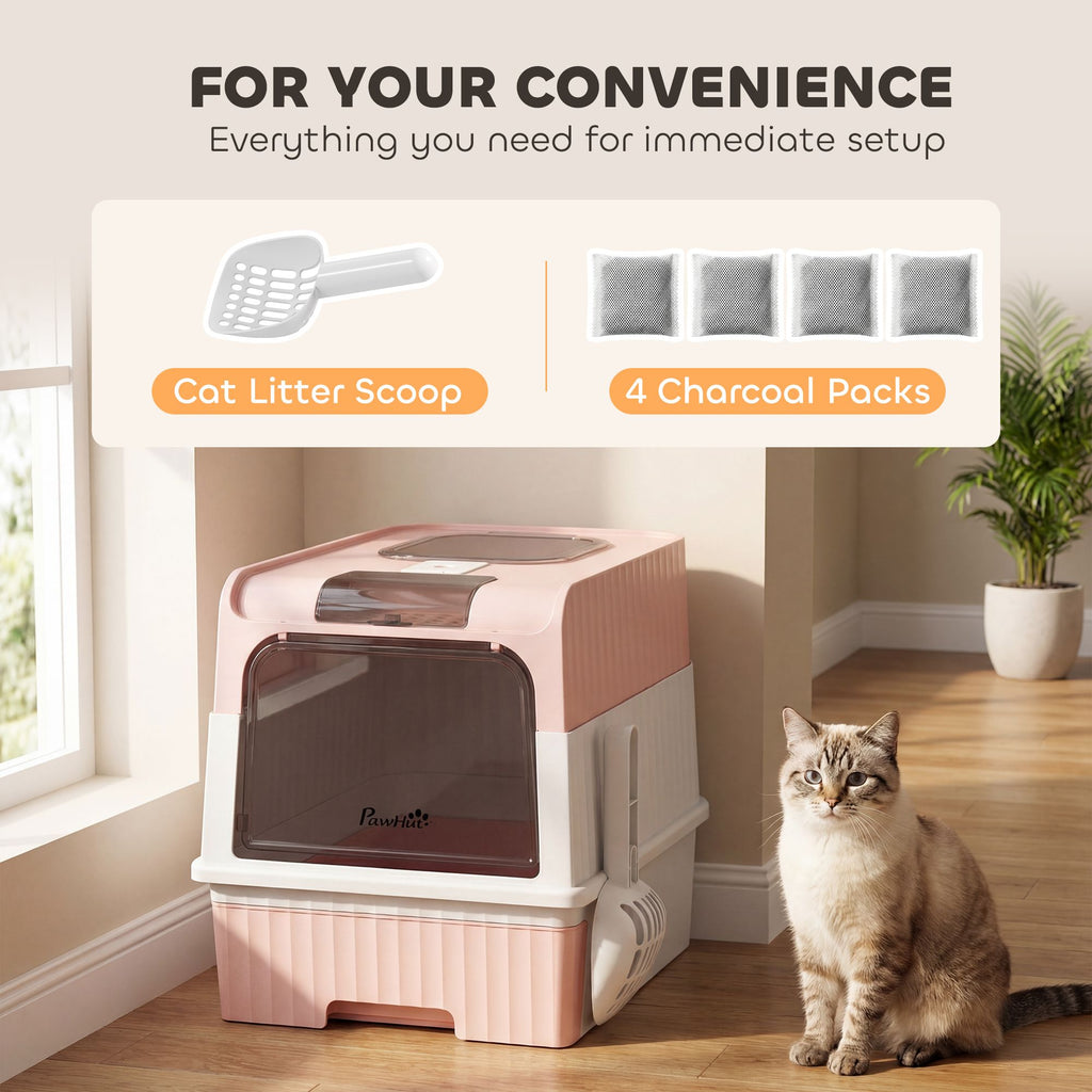 Cat Litter Box Hooded Cat Litter Tray with Drawer Pan Front Entry & Top Exit Easy Cleaning Pink