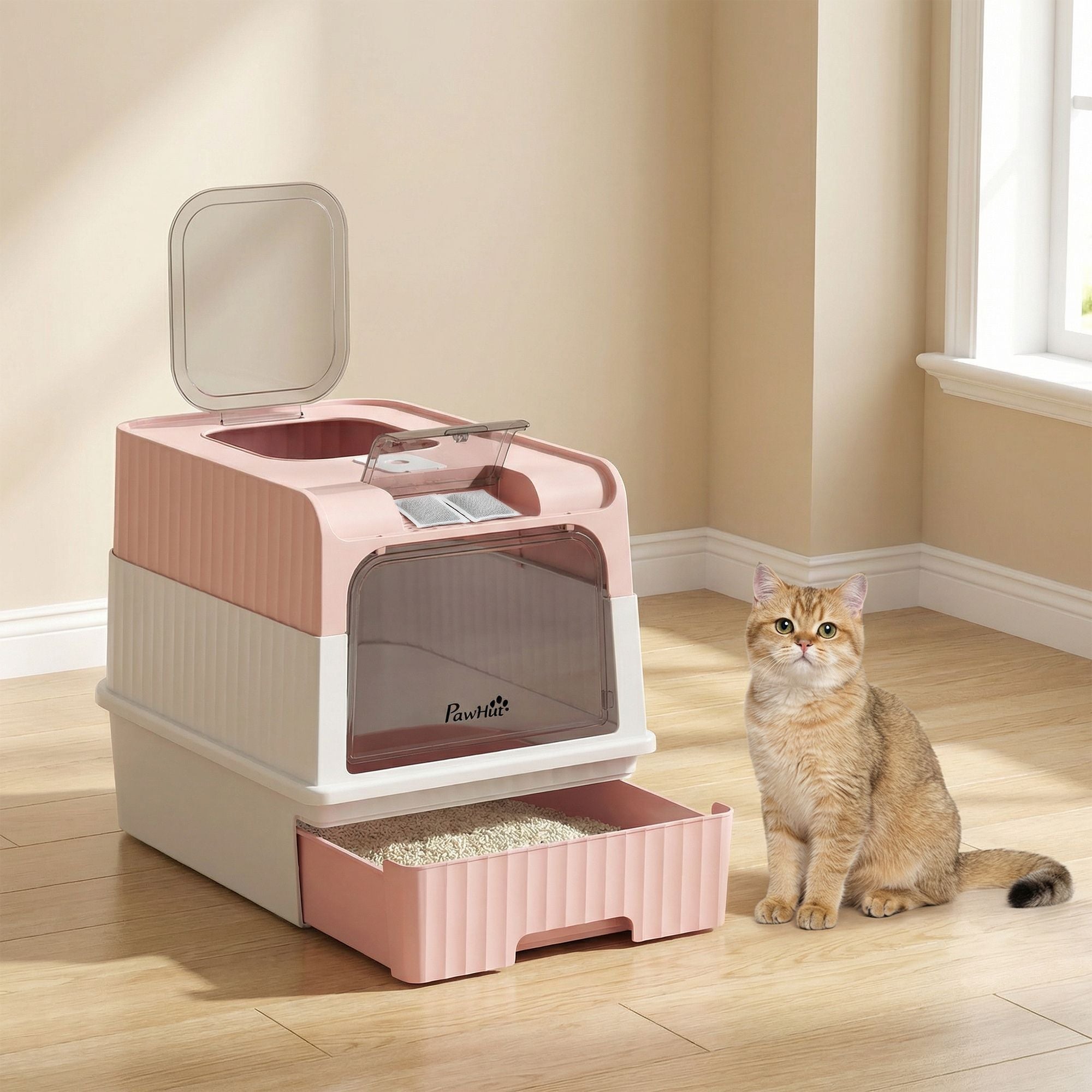 Cat Litter Box Hooded Cat Litter Tray with Drawer Pan Front Entry & Top Exit Easy Cleaning Pink