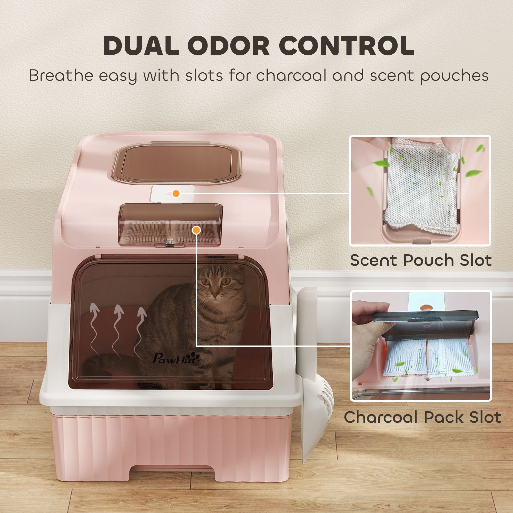 Cat Litter Box Hooded Cat Litter Tray with Drawer Pan Front Entry & Top Exit Easy Cleaning Pink