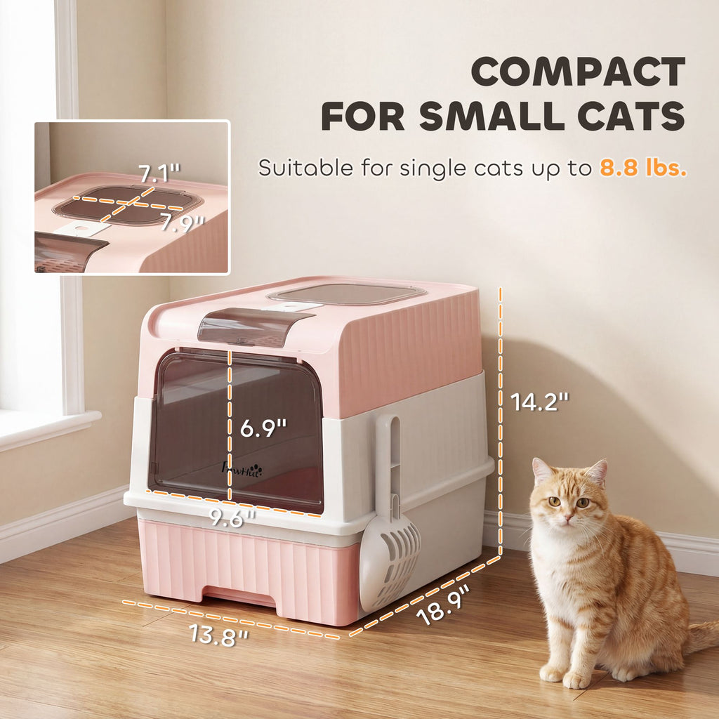 Cat Litter Box Hooded Cat Litter Tray with Drawer Pan Front Entry & Top Exit Easy Cleaning Pink
