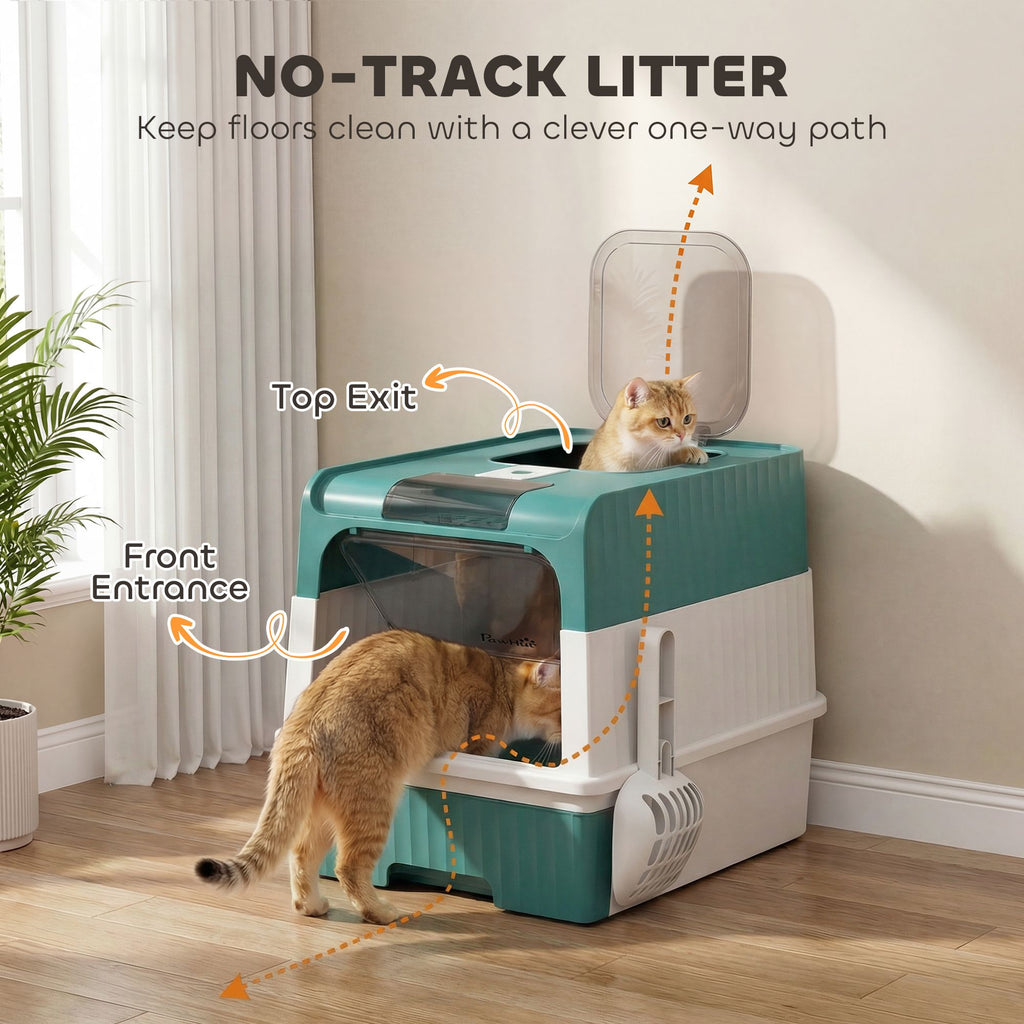 Cat Litter Box Hooded Cat Litter Tray with Drawer Pan Front Entry & Top Exit Easy Cleaning Teal