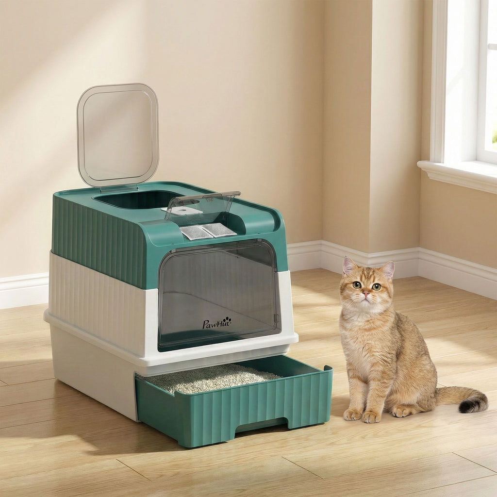 Cat Litter Box Hooded Cat Litter Tray with Drawer Pan Front Entry & Top Exit Easy Cleaning Teal