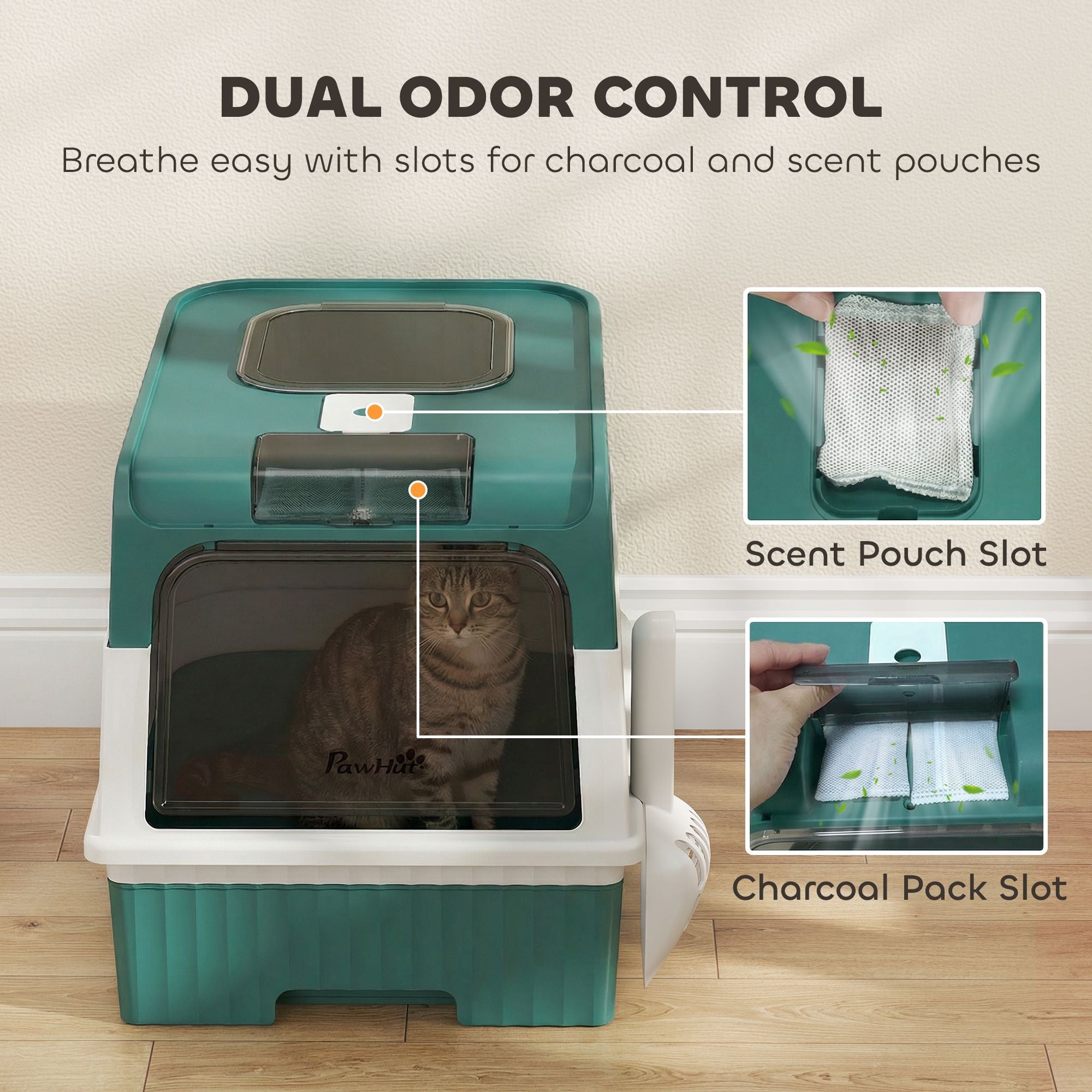 Cat Litter Box Hooded Cat Litter Tray with Drawer Pan Front Entry & Top Exit Easy Cleaning Teal