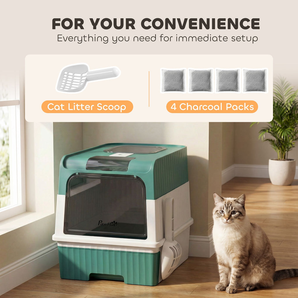 Cat Litter Box Hooded Cat Litter Tray with Drawer Pan Front Entry & Top Exit Easy Cleaning Teal