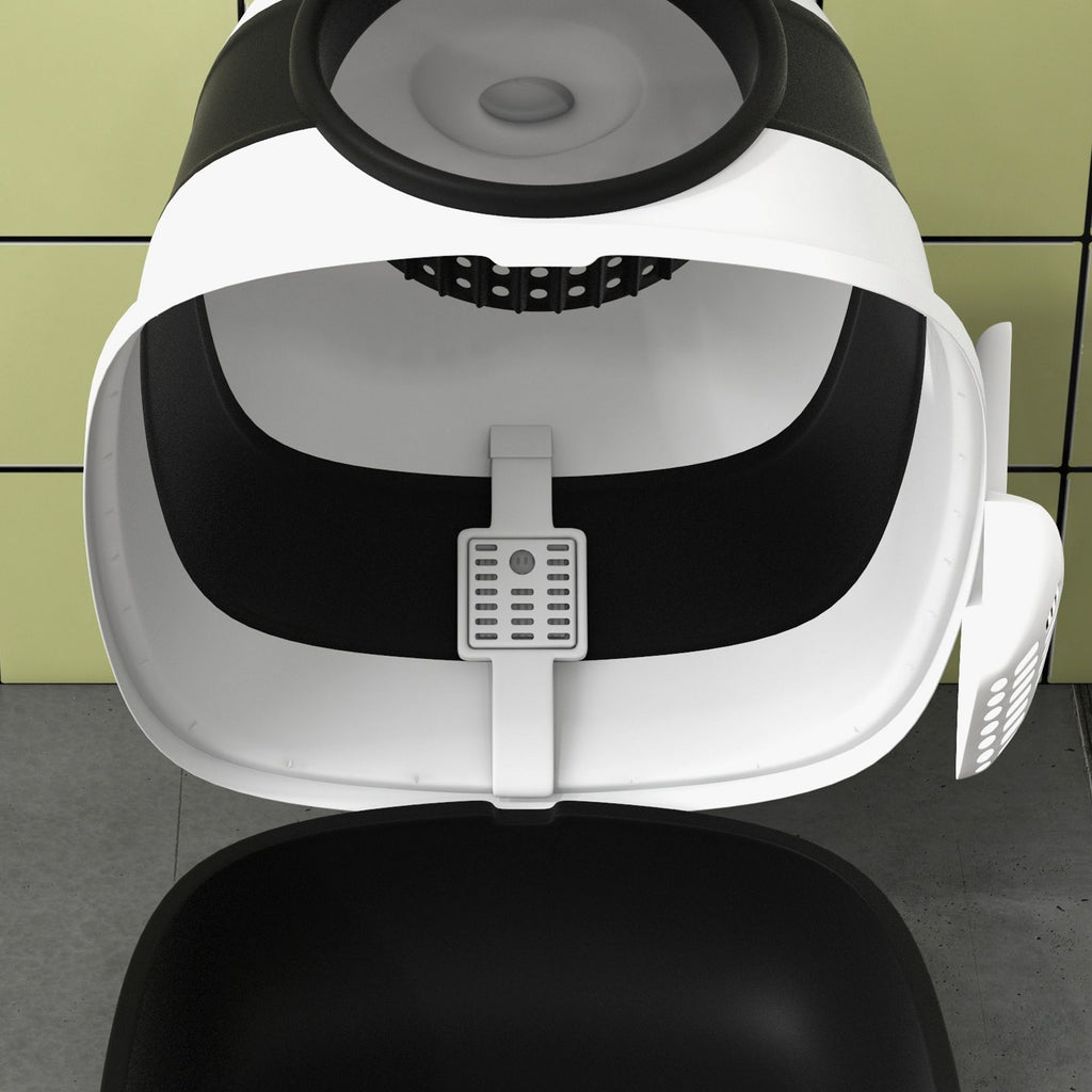 Cat Litter Box with Lid, Covered Litter Box w/High Sides, Two-Way Entrance Kitty Litter Box, Foldable, Easy Clean, White and Black