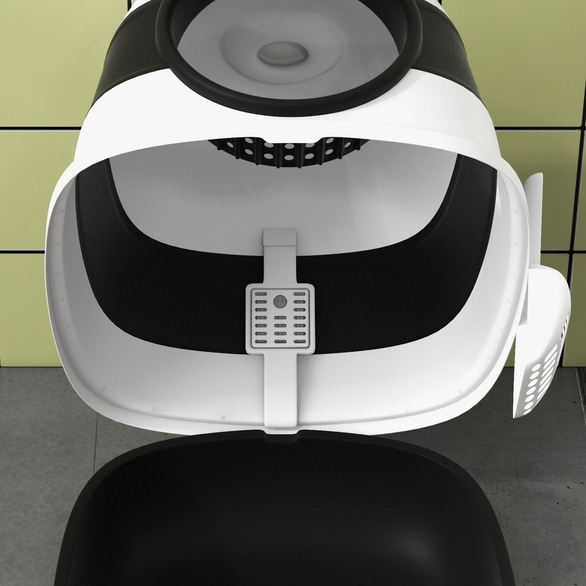 Cat Litter Box with Lid, Covered Litter Box w/High Sides, Two-Way Entrance Kitty Litter Box, Foldable, Easy Clean, White and Black