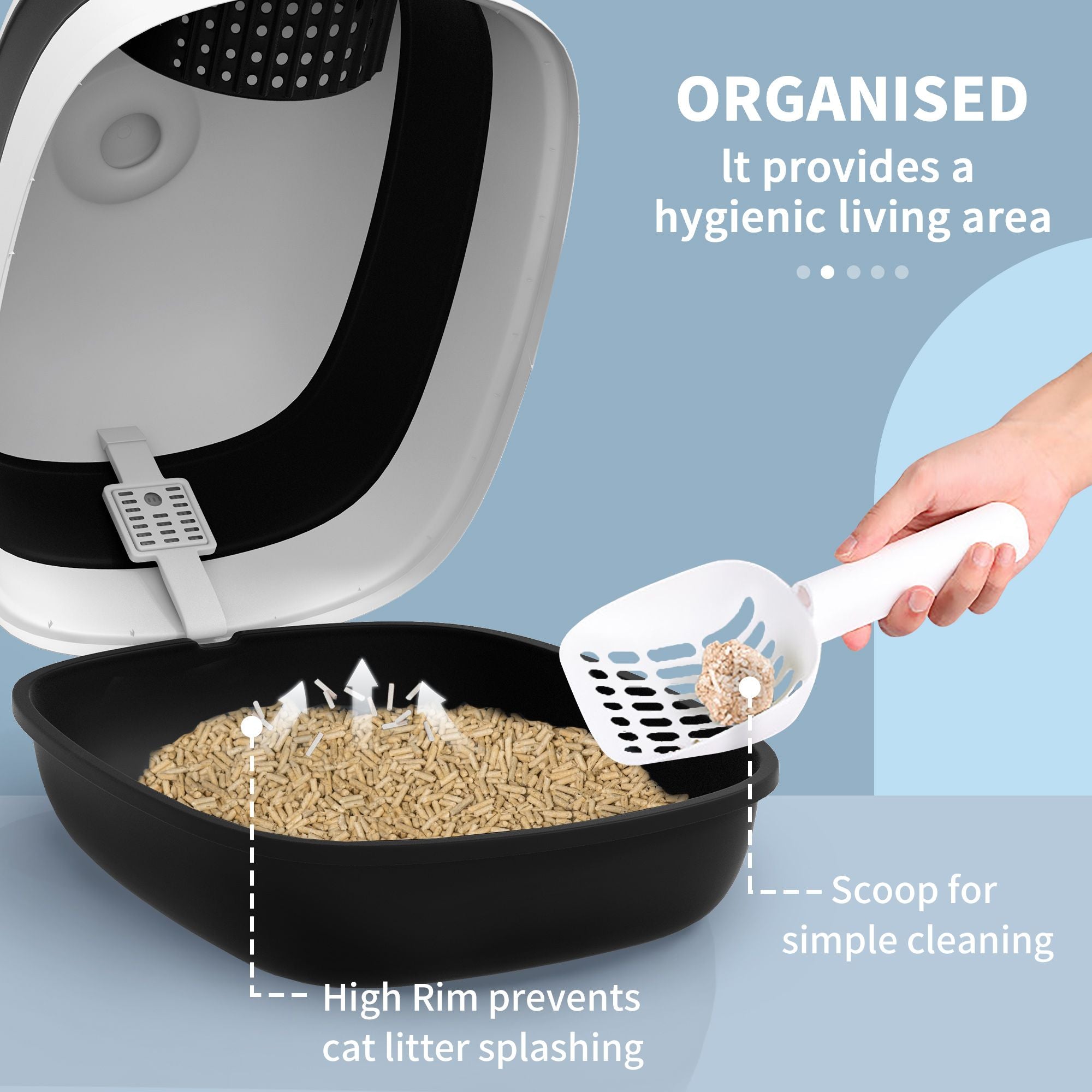 Cat Litter Box with Lid, Covered Litter Box w/High Sides, Two-Way Entrance Kitty Litter Box, Foldable, Easy Clean, White and Black