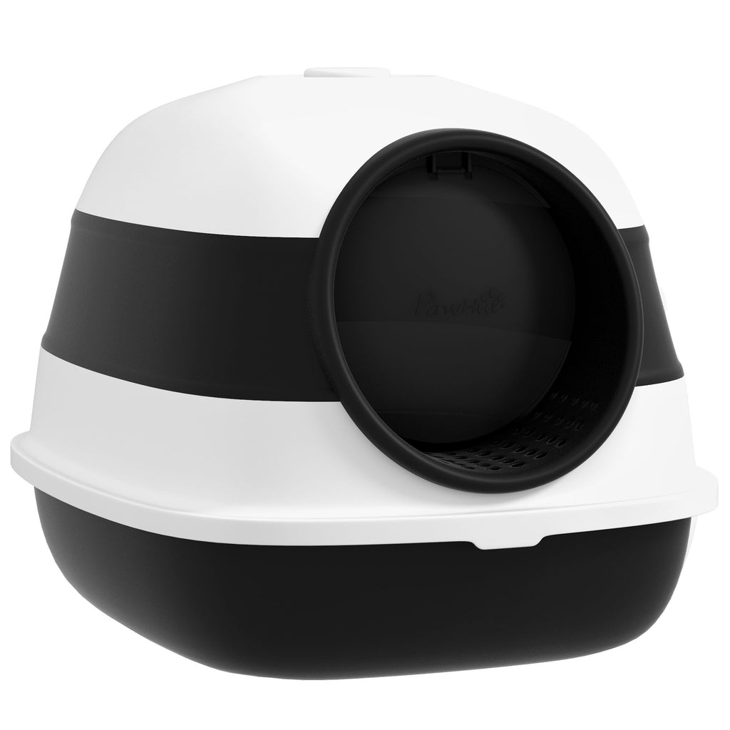 Cat Litter Box with Lid, Covered Litter Box w/High Sides, Two-Way Entrance Kitty Litter Box, Foldable, Easy Clean, White and Black